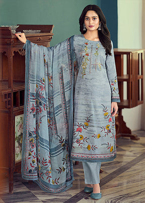 3 Pc Grey Semi Stitched Silk Suit Set