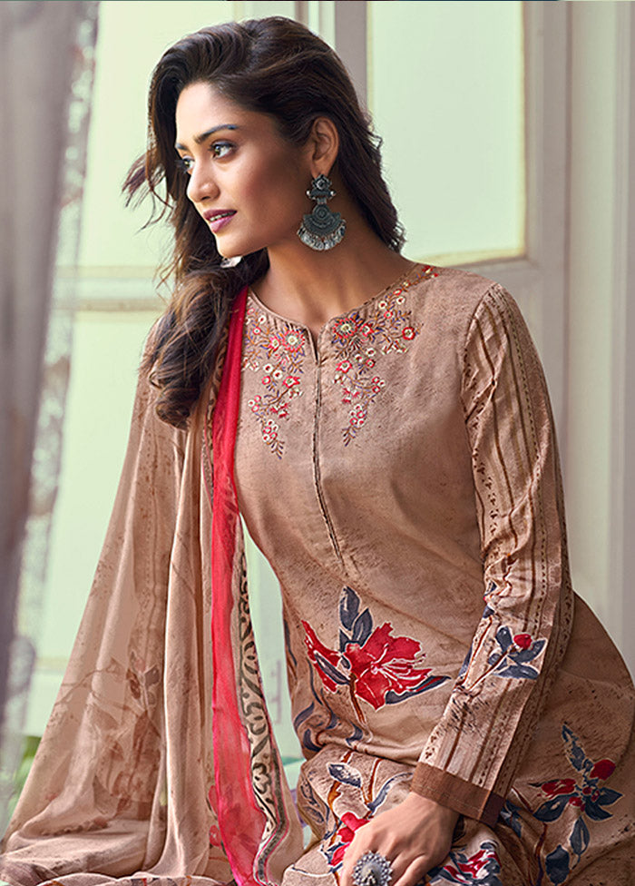 3 Pc Brown Semi Stitched Silk Suit Set