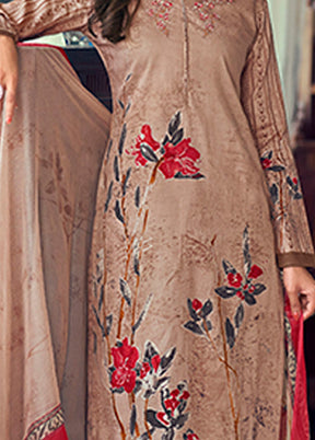 3 Pc Brown Semi Stitched Silk Suit Set