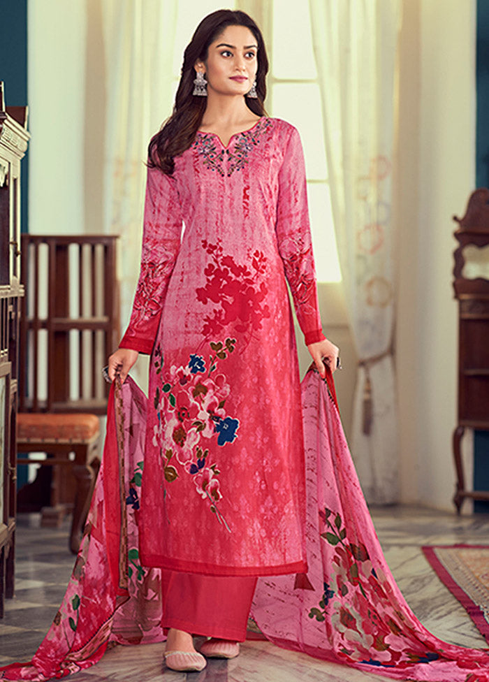 3 Pc Pink Semi Stitched Silk Suit Set