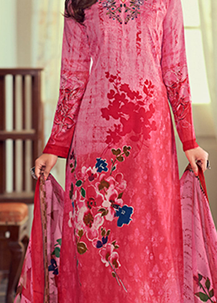 3 Pc Pink Semi Stitched Silk Suit Set