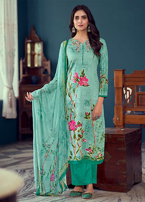 3 Pc Sea Green Semi Stitched Silk Suit Set