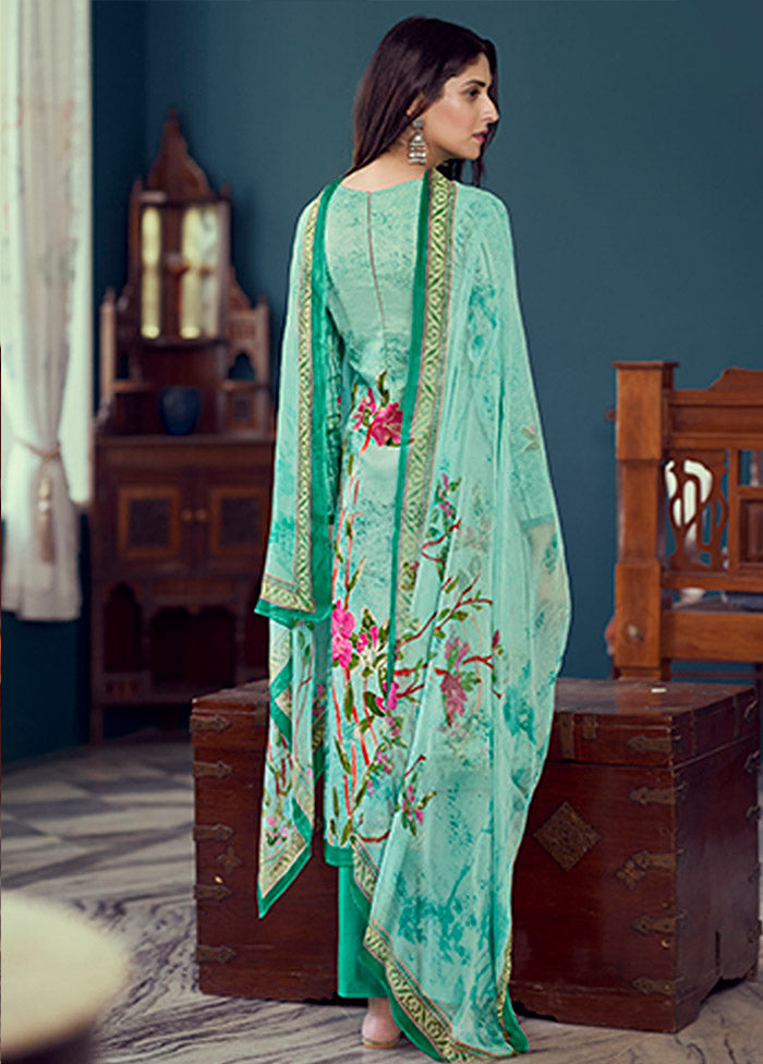 3 Pc Sea Green Semi Stitched Silk Suit Set