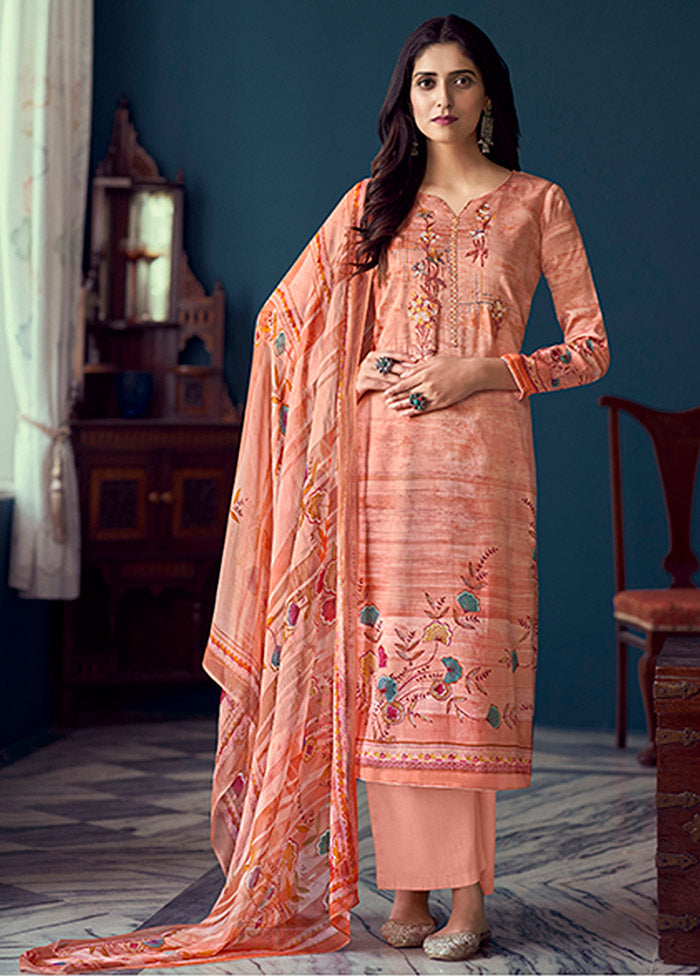 3 Pc Peach Semi Stitched Silk Suit Set