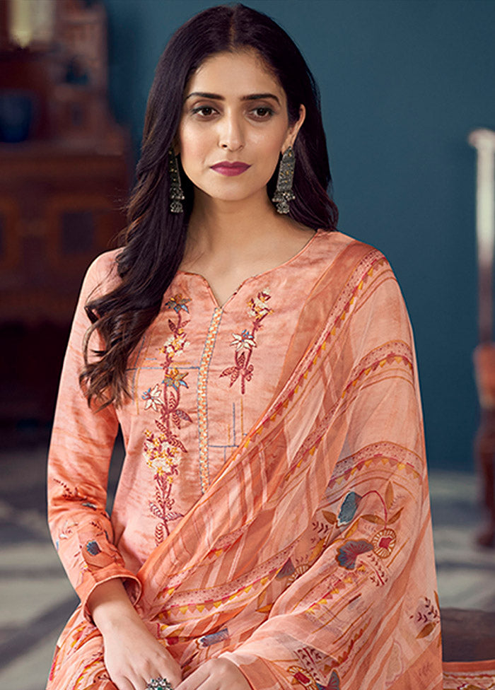 3 Pc Peach Semi Stitched Silk Suit Set