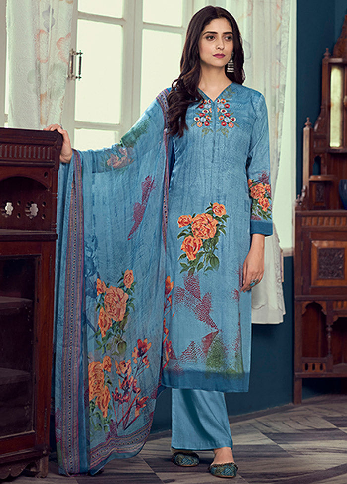 3 Pc Blue Semi Stitched Silk Suit Set