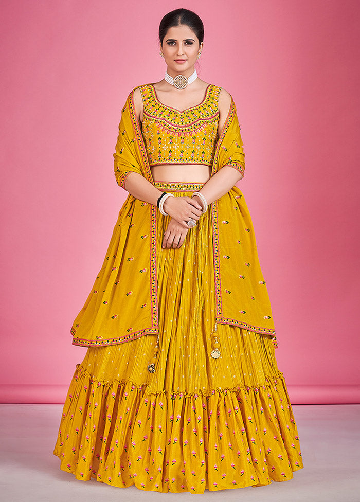 3 Pc Mustard Georgette Readymade Lehenga Set