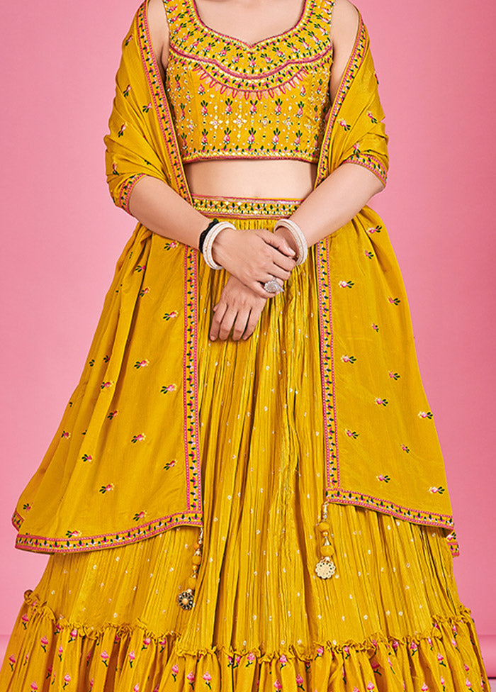 3 Pc Mustard Georgette Readymade Lehenga Set