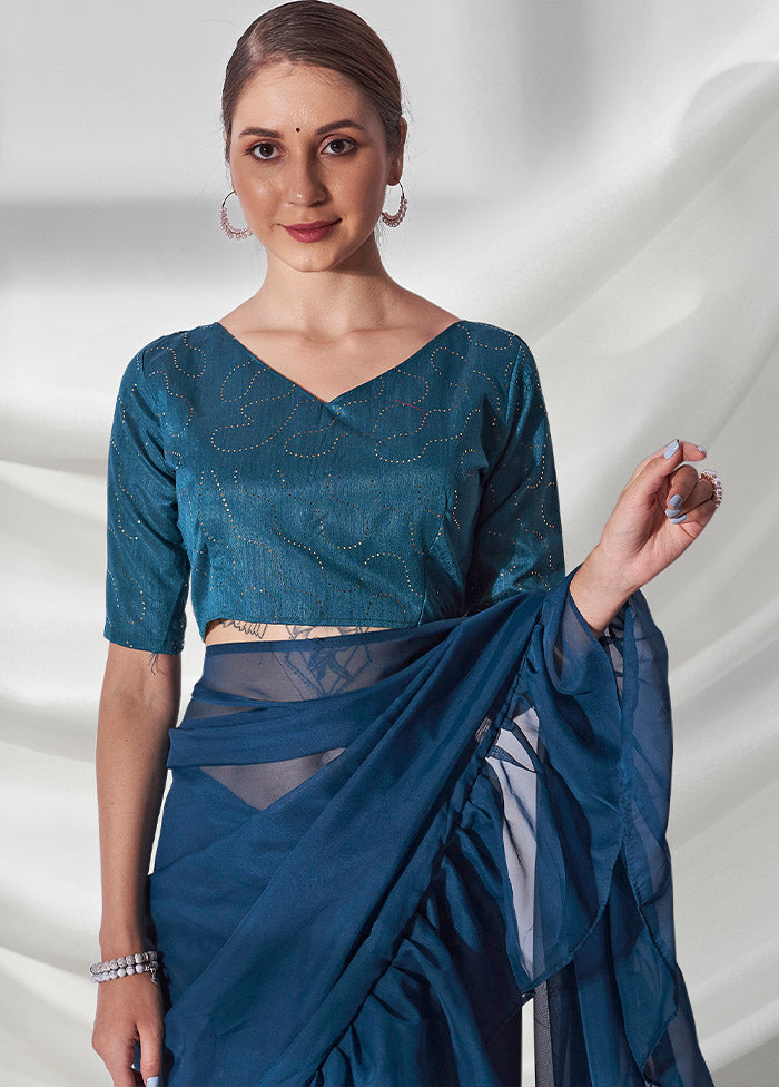 Teal Blue Organza Saree With Blouse Piece