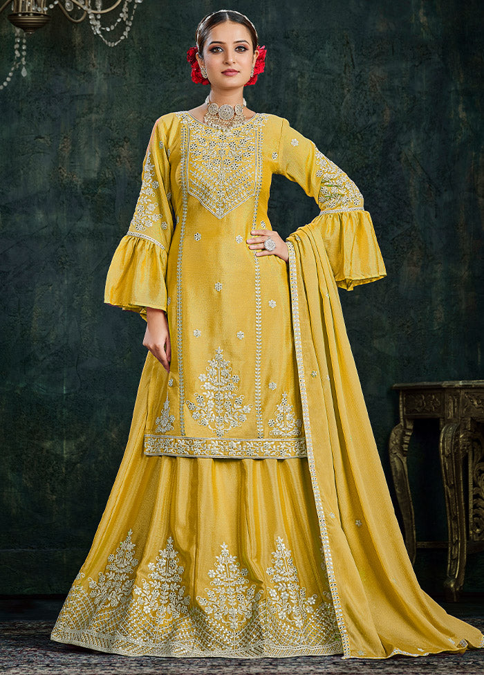 3 Pc Yellow Cotton Semi Stitched Lehenga Set