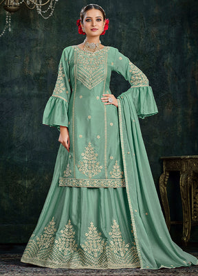 3 Pc Green Cotton Semi Stitched Lehenga Set