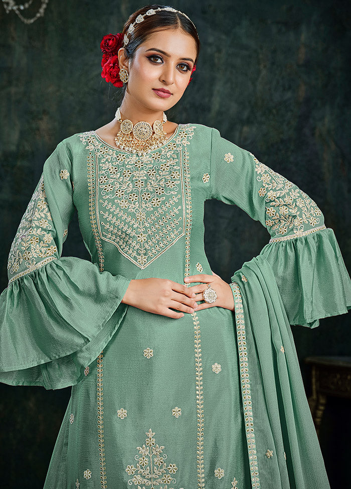 3 Pc Green Cotton Semi Stitched Lehenga Set