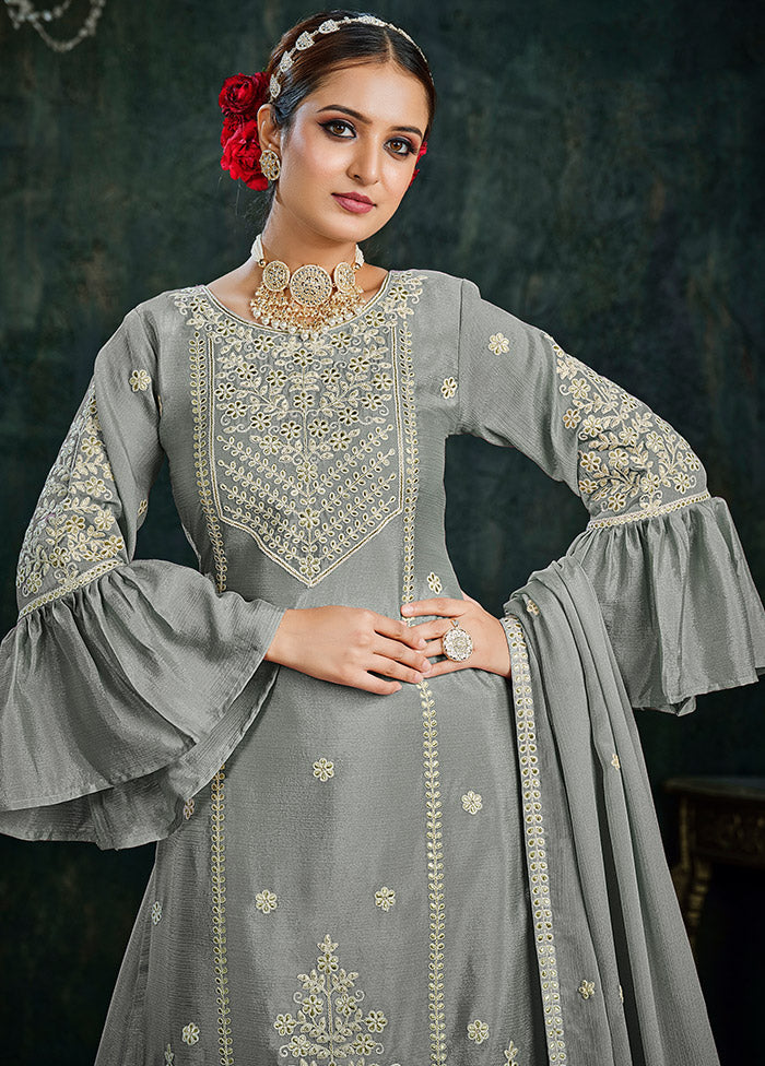 3 Pc Grey Cotton Semi Stitched Lehenga Set