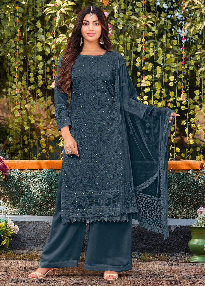 3 Pc Blue Semi Stitched Georgette Suit Set