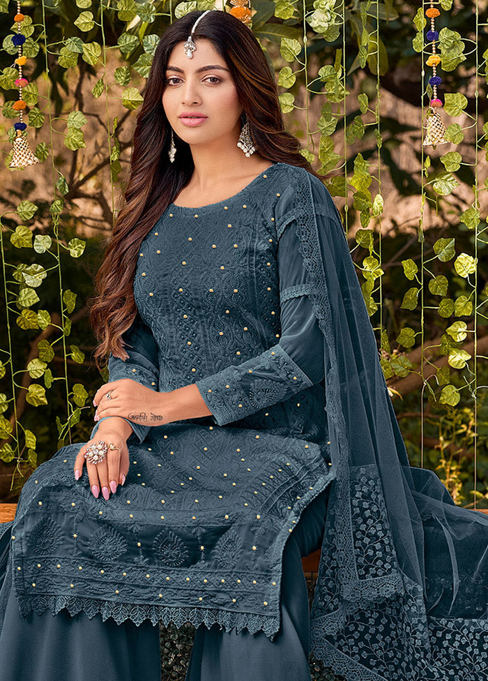 3 Pc Blue Semi Stitched Georgette Suit Set