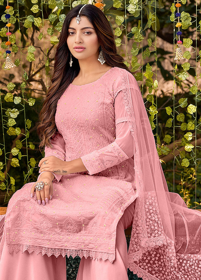 3 Pc Pink Semi Stitched Georgette Suit Set