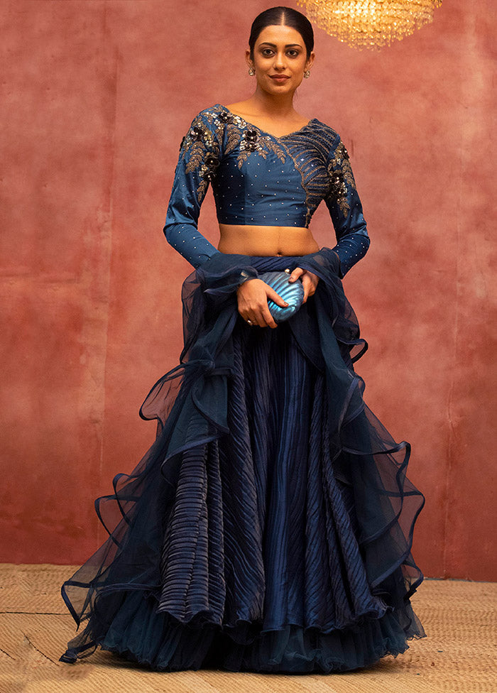 3 Pc Blue Lycra Semi Stitched Lehenga Set