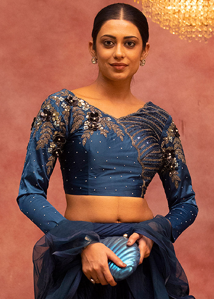 3 Pc Blue Lycra Semi Stitched Lehenga Set