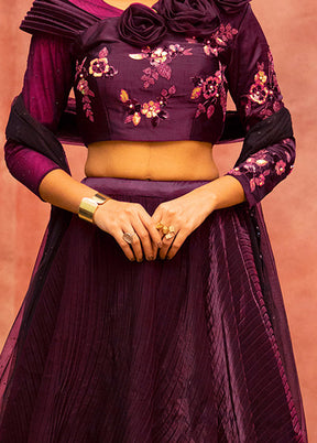 3 Pc Wine Silk Semi Stitched Lehenga Set