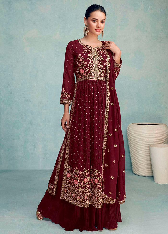 3 Pc Maroon Semi Stitched Georgette Suit Set