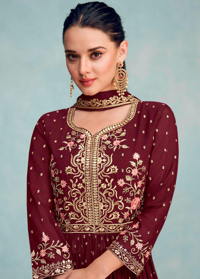 3 Pc Maroon Semi Stitched Georgette Suit Set