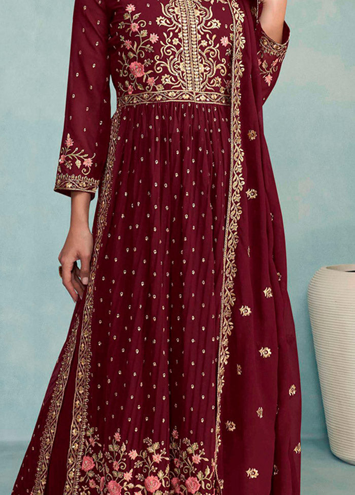 3 Pc Maroon Semi Stitched Georgette Suit Set