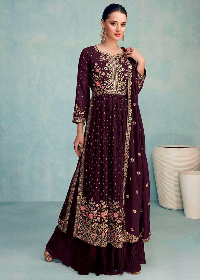 3 Pc Wine Semi Stitched Georgette Suit Set