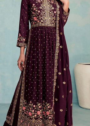 3 Pc Wine Semi Stitched Georgette Suit Set