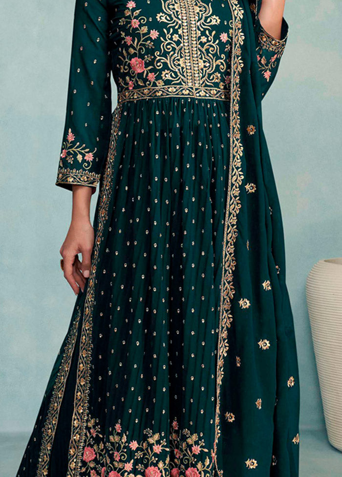 3 Pc Teal Semi Stitched Georgette Suit Set