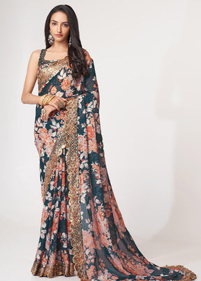 Navy Blue Organza Saree With Blouse Piece