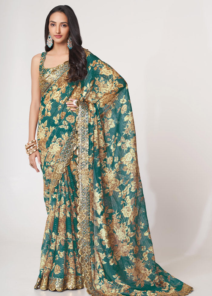 Teal Blue Organza Saree With Blouse Piece