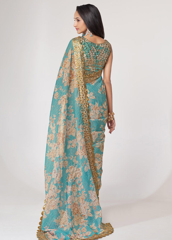 Sky Blue Organza Saree With Blouse Piece