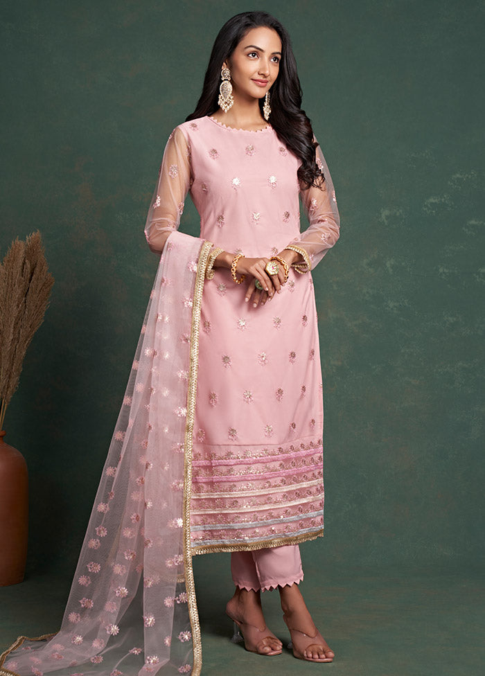 3 Pc Pink Semi Stitched Net Suit Set