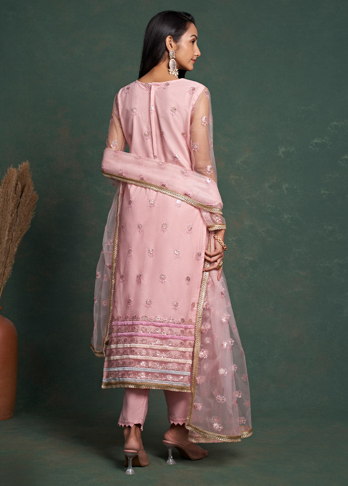 3 Pc Pink Semi Stitched Net Suit Set