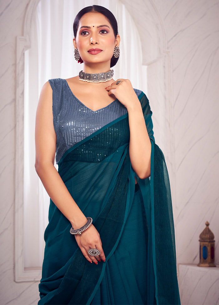 Aqua Spun Silk Saree With Blouse Piece