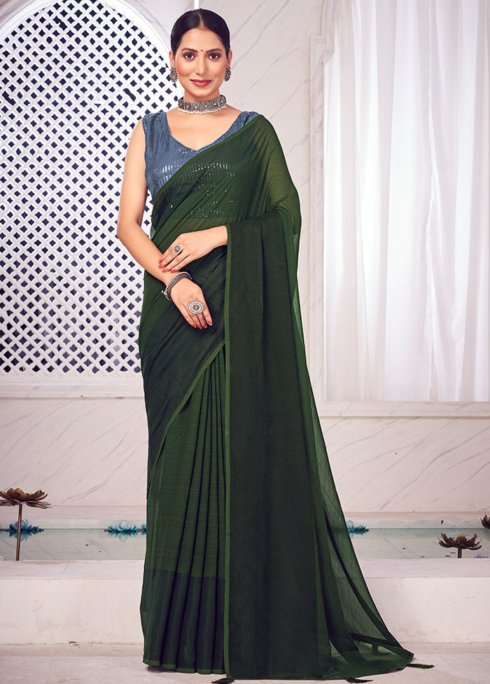 Olive Green Spun Silk Saree With Blouse Piece