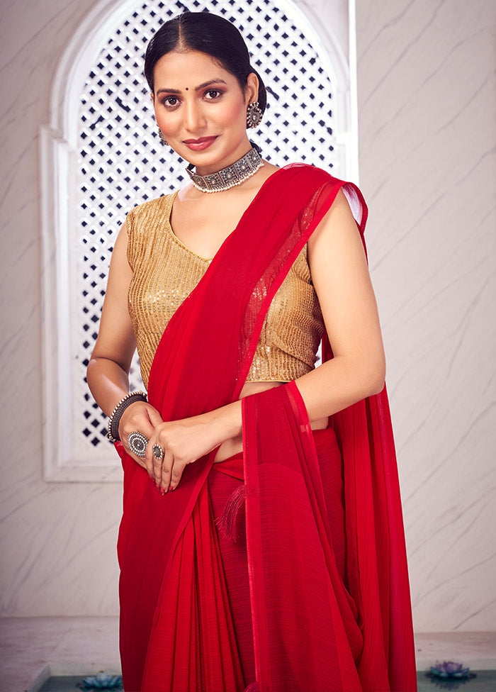 Red Spun Silk Saree With Blouse Piece