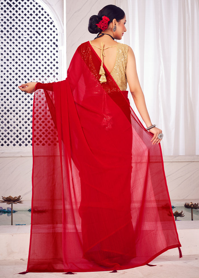 Red Spun Silk Saree With Blouse Piece