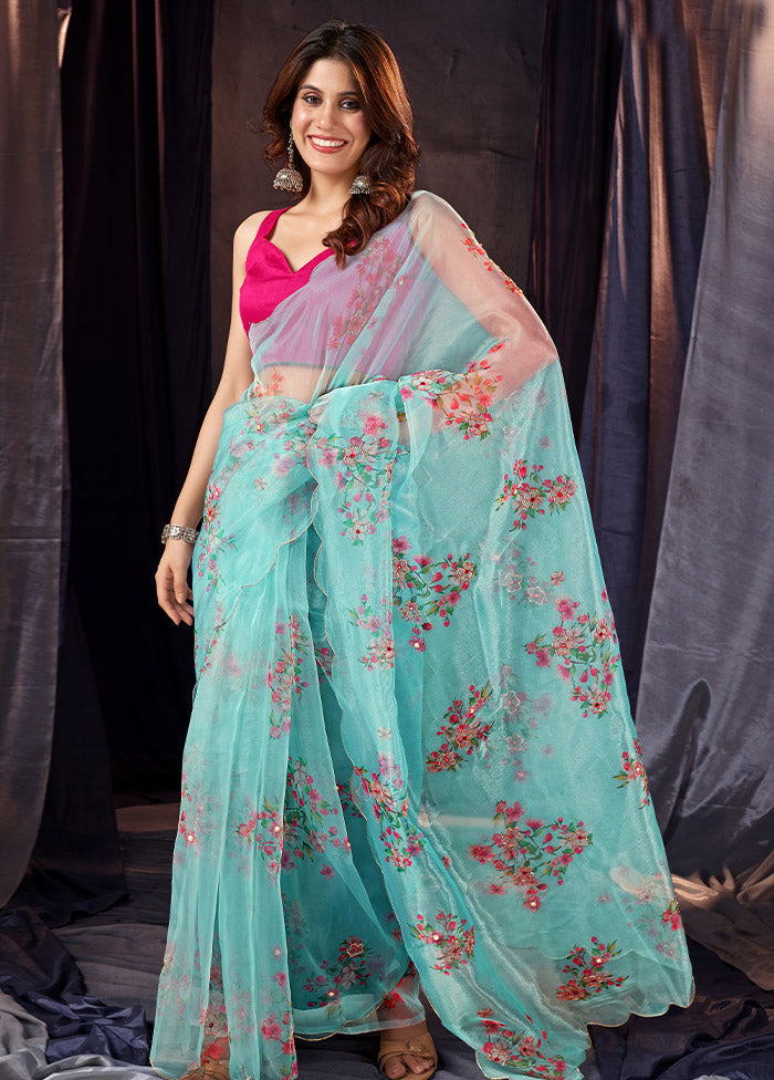 Blue Organza Saree With Blouse Piece