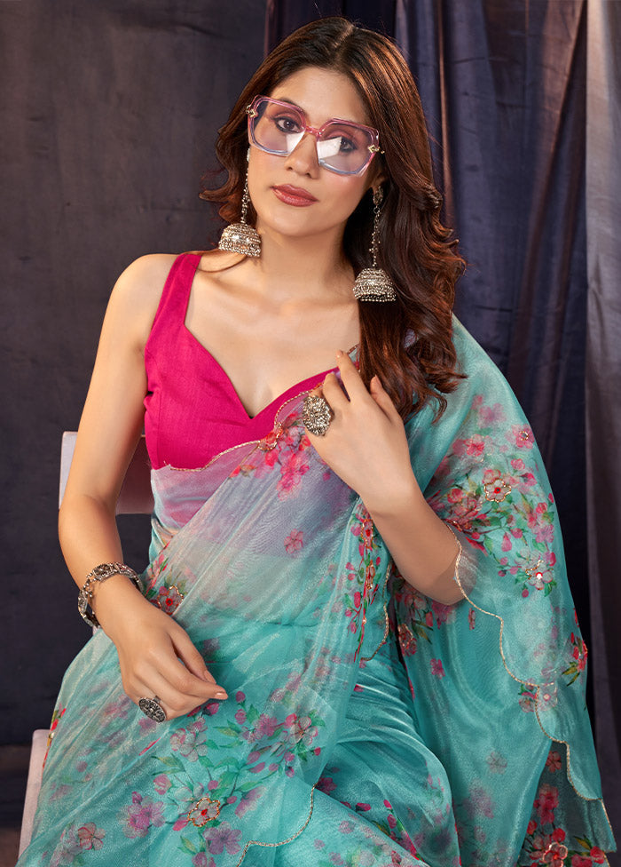 Blue Organza Saree With Blouse Piece