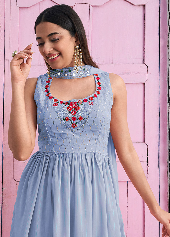 3 Pc Sky Blue Readymade Georgette Suit Set