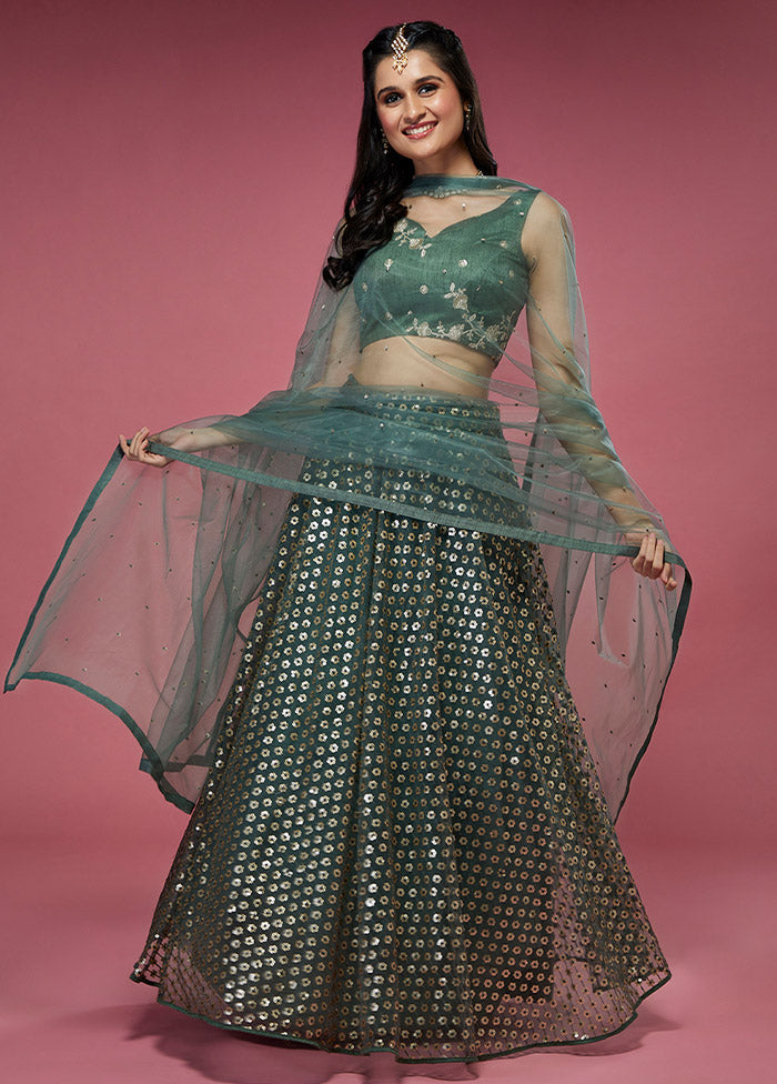 3 Pc Green Net Semi Stitched Lehenga Set