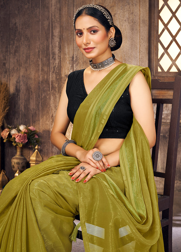 Olive Green Spun Silk Saree With Blouse Piece