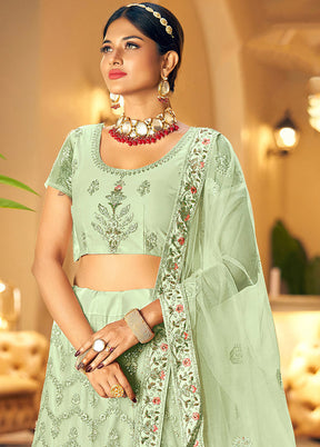 3 Pc Pista Green Net Semi Stitched Lehenga Set