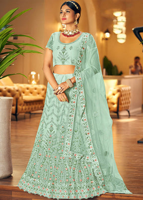 3 Pc Sea Green Net Semi Stitched Lehenga Set