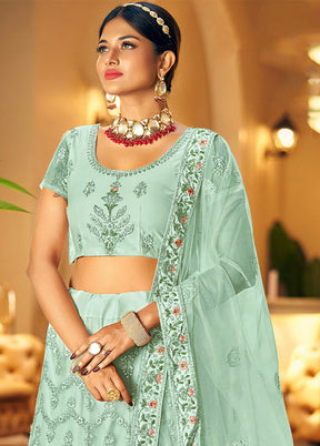 3 Pc Sea Green Net Semi Stitched Lehenga Set