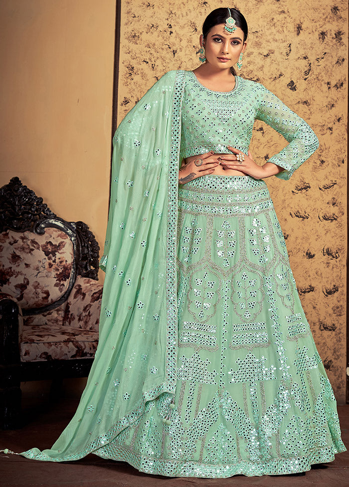 3 Pc Pista Green Georgette Readymade Lehenga Set