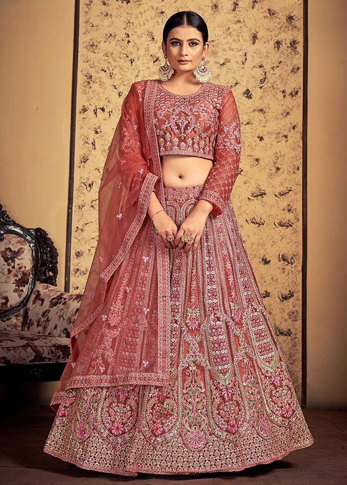 3 Pc Brown Net Readymade Lehenga Set