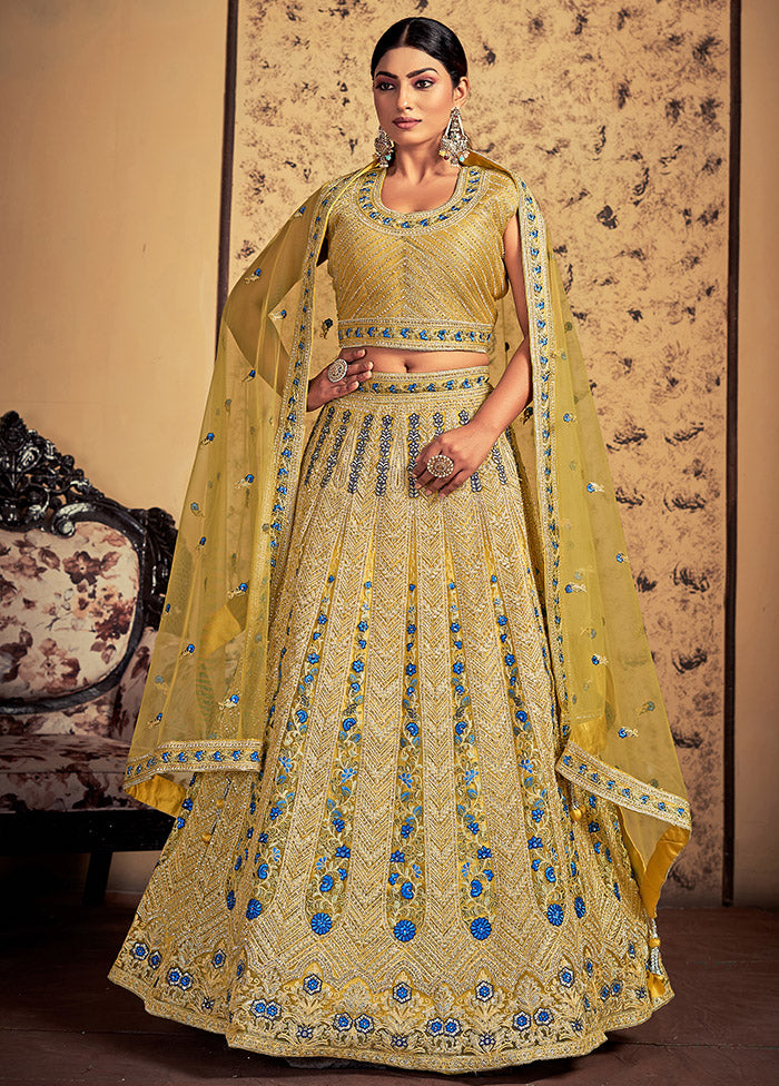 3 Pc Mustard Net Readymade Lehenga Set