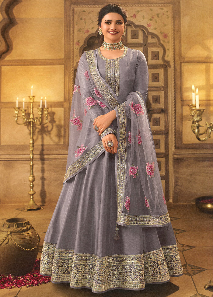 3 Pc Purple Semi Stitched Silk Suit Set